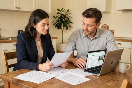 Couple de primo-accédants consultant des documents fonciers et un site de revue foncière sur ordinateur portable avant leur premier achat immobilier