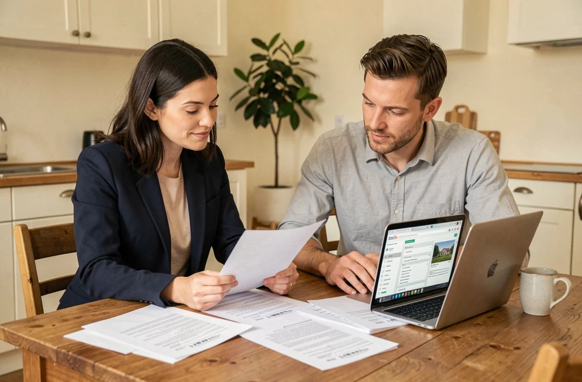 Couple de primo-accédants consultant des documents fonciers et un site de revue foncière sur ordinateur portable avant leur premier achat immobilier