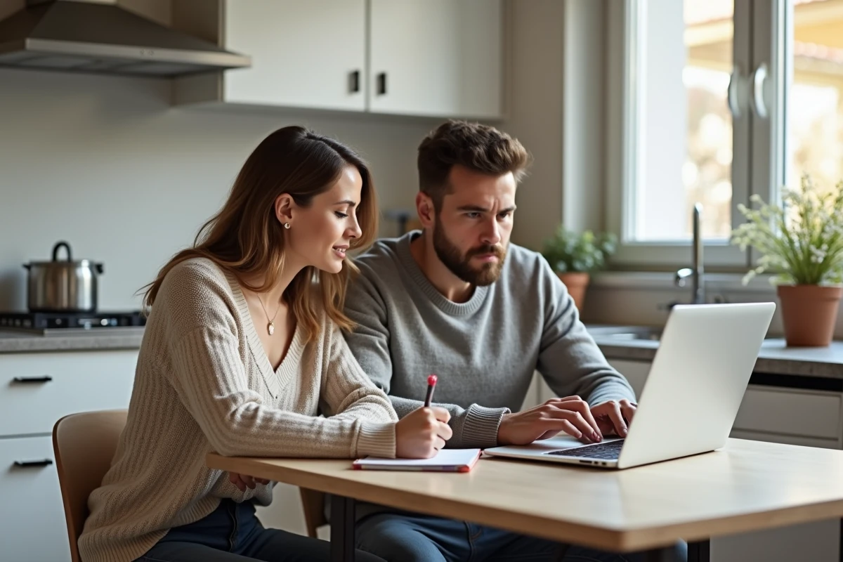 Couple consultant un service en ligne de permis de construire sur un ordinateur portable dans une cuisine moderne