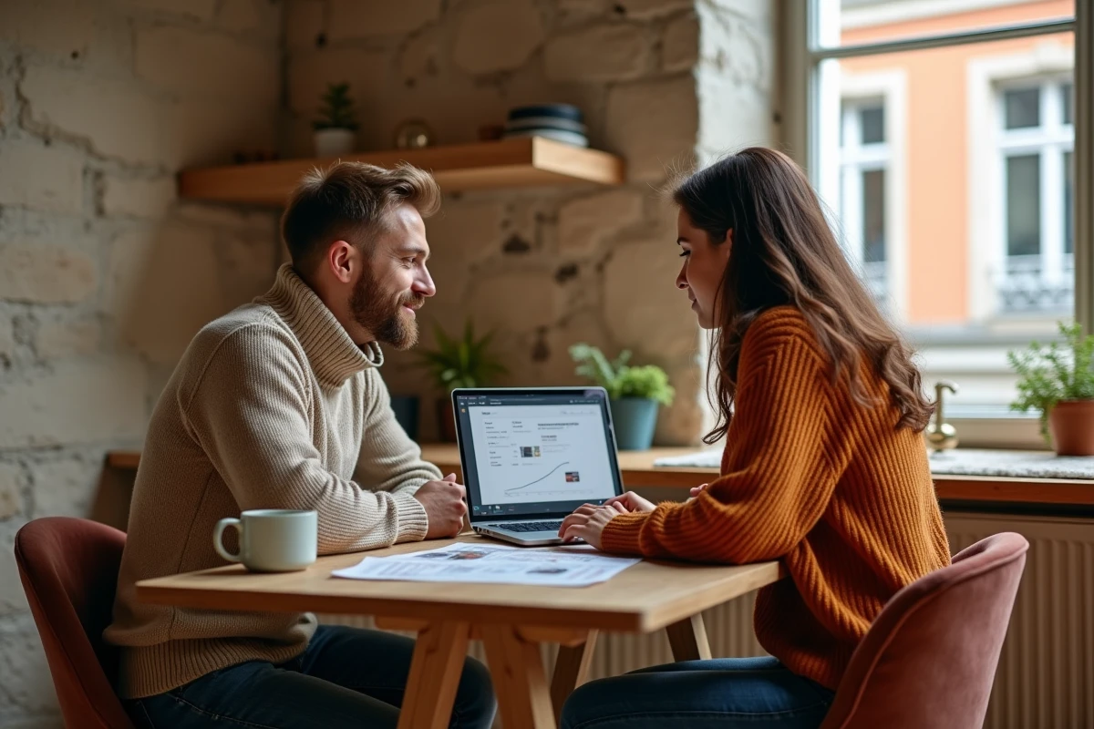 Couple consultant les prix immobiliers à Lyon sur un ordinateur dans un appartement rénové avec parquet chêne et murs en pierre