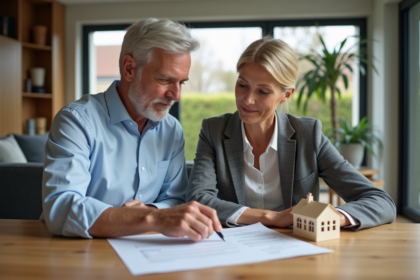 Couple d'adultes examinant des documents immobiliers dans un intérieur moderne