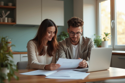 Jeune couple étudiant des documents de prêt immobilier dans une cuisine lumineuse