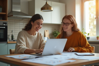 Jeune couple souriant dans une cuisine avec graphique de location