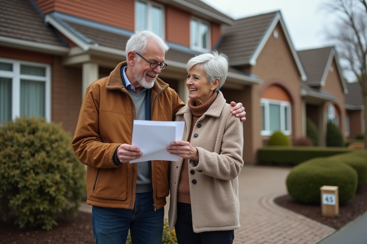 Couple discutant devant leur maison en automne