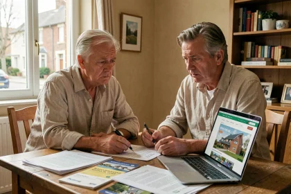 Couple préoccupé examinant des documents immobiliers liés à la revente d'un bien Pierre et Vacances