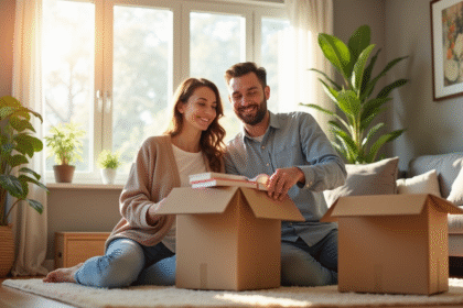 Couple heureux emballant des livres dans un salon lumineux