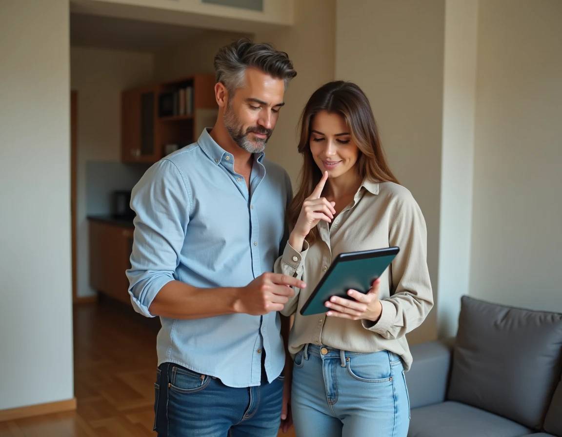 Couple utilisant une tablette pour estimer la valeur de leur appartement en ligne avant une vente immobilière