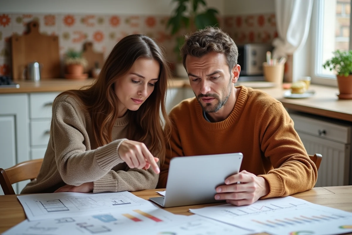 Couple étudiant l'historique des prix d'un bien immobilier sur tablette avec des documents imprimés, questionnement sur la fiabilité des outils d'estimation en ligne