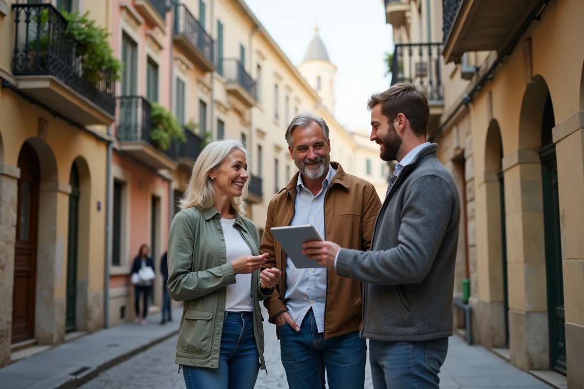 Couple détendu avec agent immobilier dans rue lyonnaise