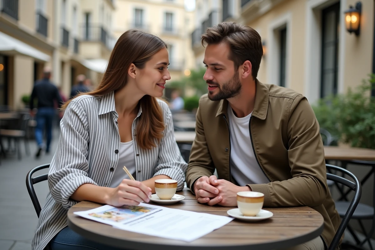 Couple consultant un guide de quartier et un contrat de location en terrasse à Créteil, représentant les erreurs courantes lors de l'installation dans un nouveau quartier