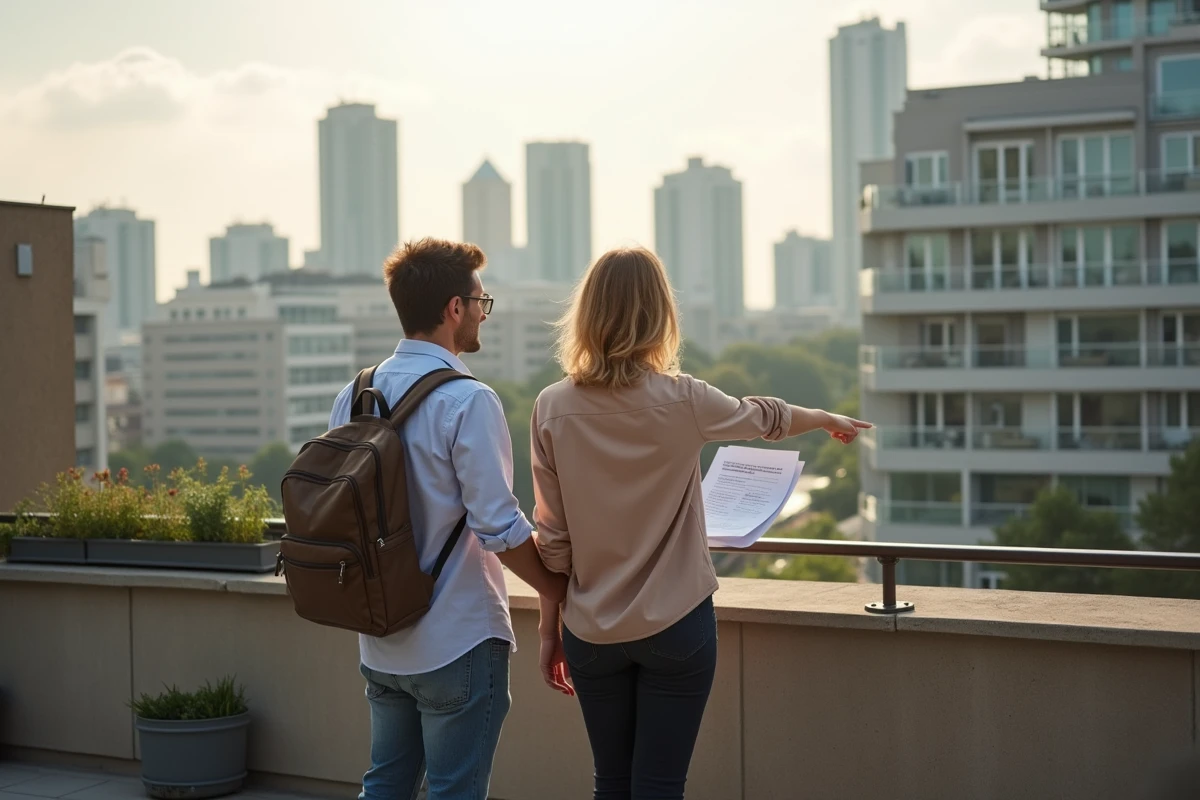 Couple d'investisseurs sur le balcon de leur bien locatif avec vue sur la ville
