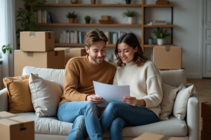 Jeune couple lisant des documents dans un appartement moderne