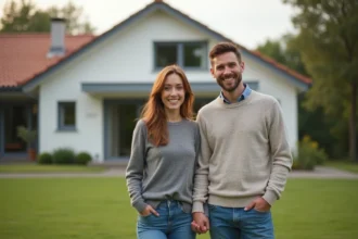 Jeune couple souriant devant une maison moderne