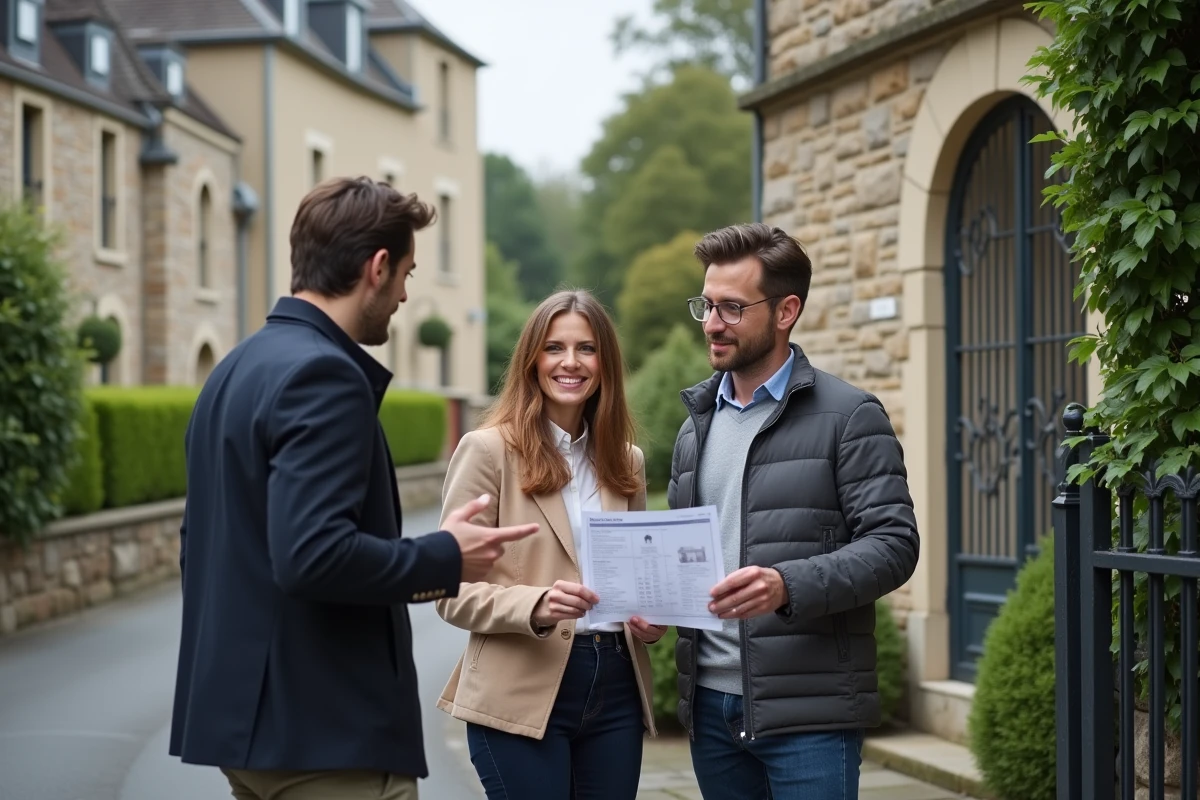 Couple discutant d'une estimation immobilière devant une maison en pierre avec leur agent, document de valorisation en main