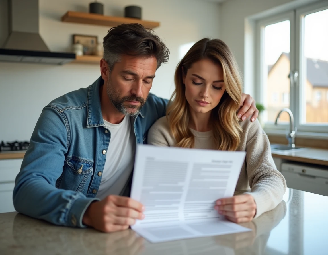 Couple examinant ensemble un modèle d'offre d'achat immobilier dans une cuisine moderne