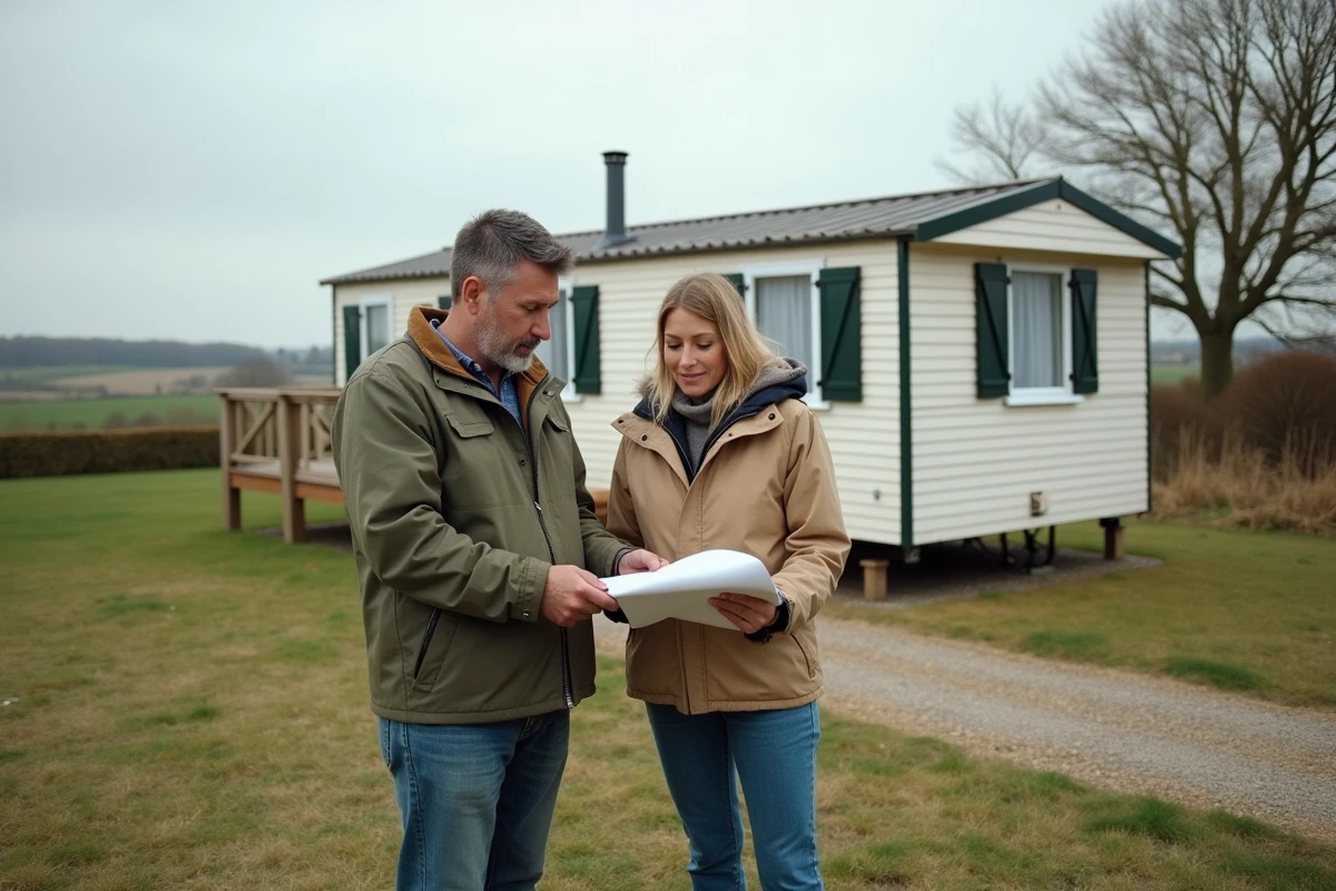 Couple consultant un plan cadastral devant un mobil home sur une parcelle de terrain en campagne française