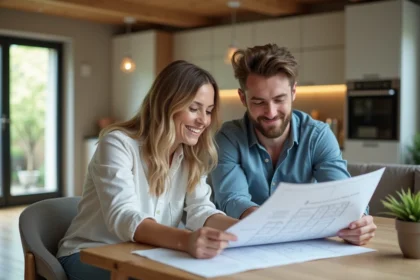 Jeune couple examine plans dans un salon lumineux