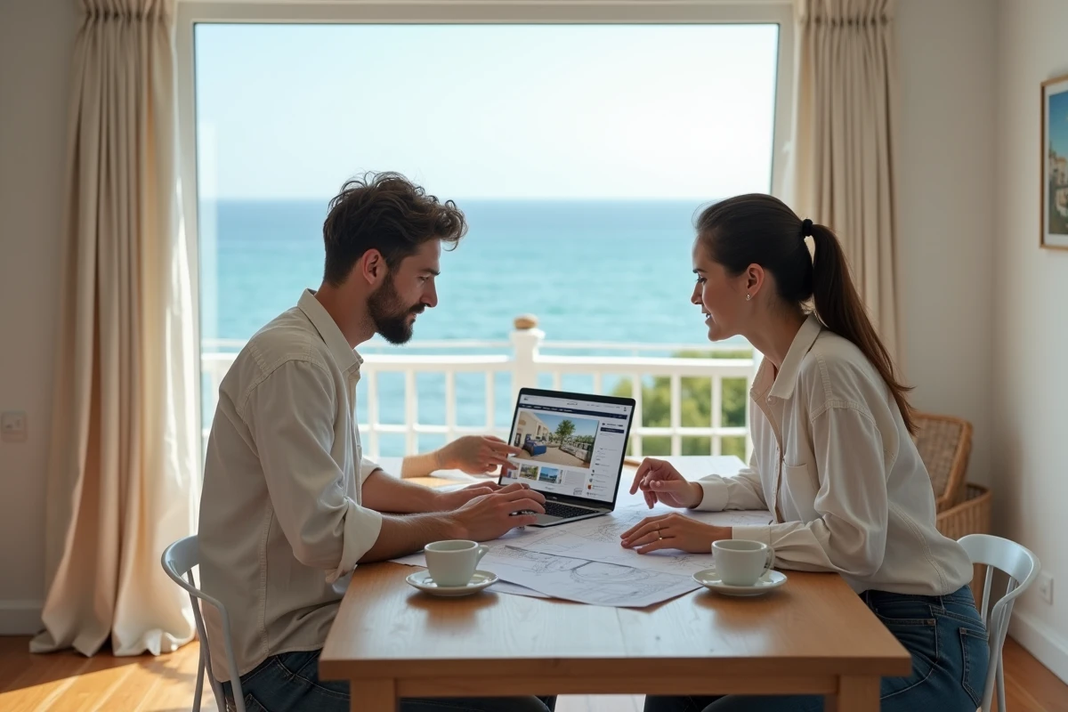 Couple étudiant une annonce d'appartement vue mer pas cher dans un intérieur lumineux avec balcon donnant sur la mer