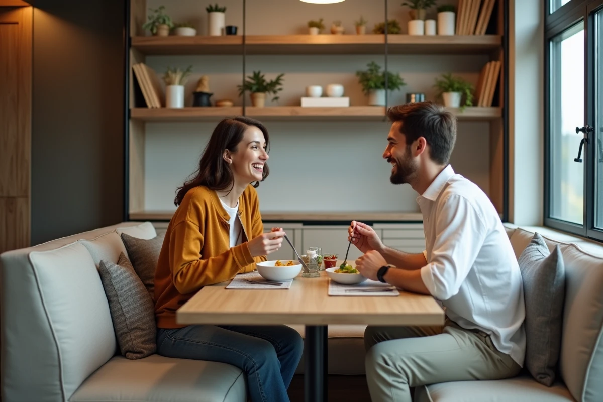 Couple partageant un repas dans un appartement lumineux