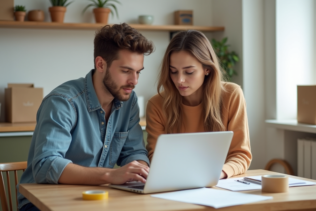 Jeune couple examinant des papiers à la table de cuisine lors d