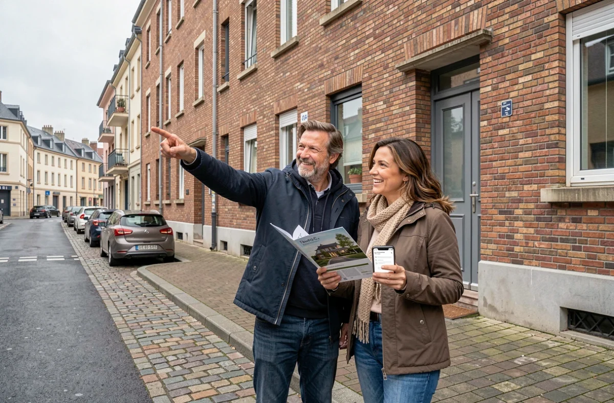 Couple visitant un immeuble résidentiel pour un projet d'investissement immobilier dans le nord de la France