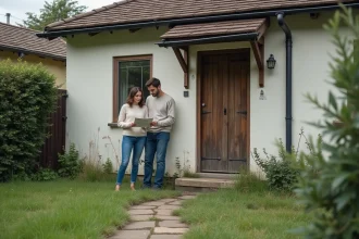 Couple visitant une maison à louer avec jardin à 600 euros, façade modeste et pelouse négligée