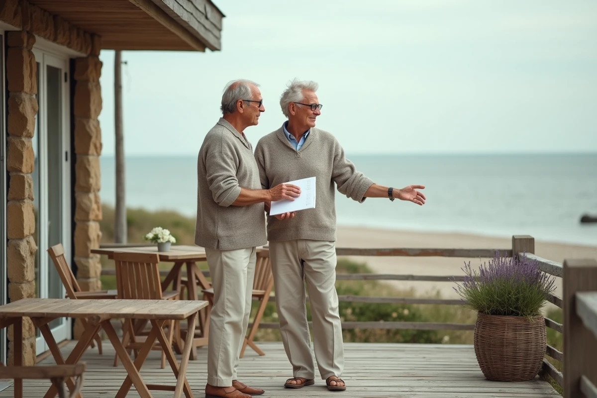 Couple visitant une maison en vente au bord de mer en Normandie sur une terrasse avec vue sur la plage