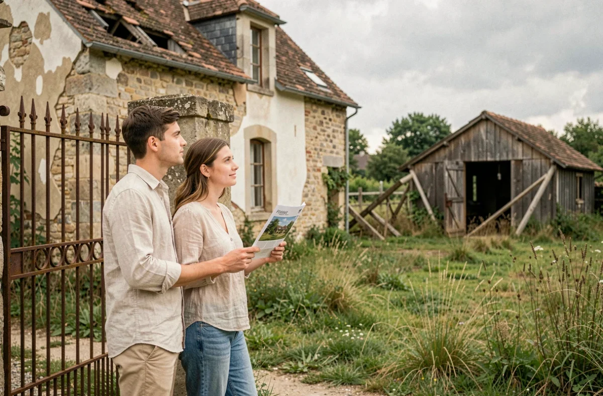 Jeune couple découvrant une propriété rurale abandonnée à donner en France, tenant une annonce immobilière devant un portail rouillé