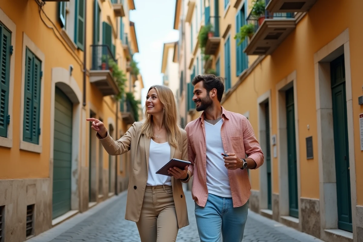 Couple explorant une ruelle de Nice pour évaluer un quartier résidentiel avant une installation