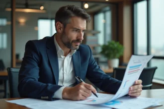 Courtier homme en costume analysant des graphiques financiers