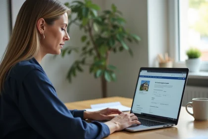 Femme remplissant un dossier de logement social en ligne sur un ordinateur portable à son bureau à domicile