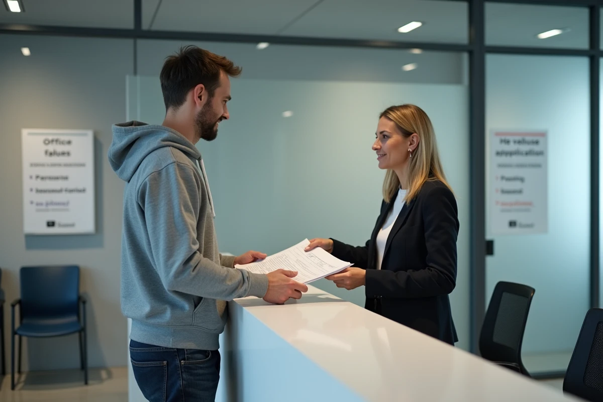 Homme déposant un dossier de logement social en main propre à un guichet d'office HLM à Levallois