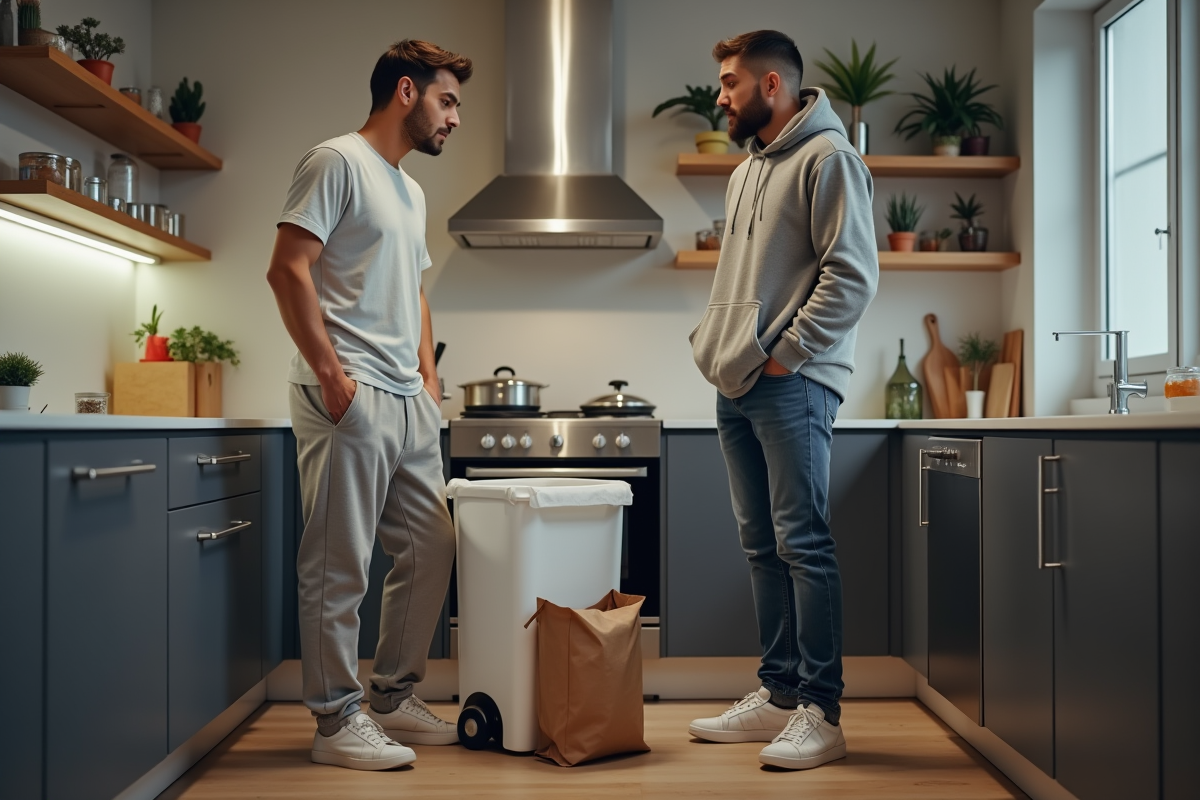 Deux hommes discutant dans une cuisine en désordre