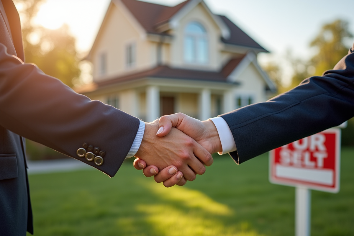 Echange de poignée de main entre agent immobilier et propriétaire
