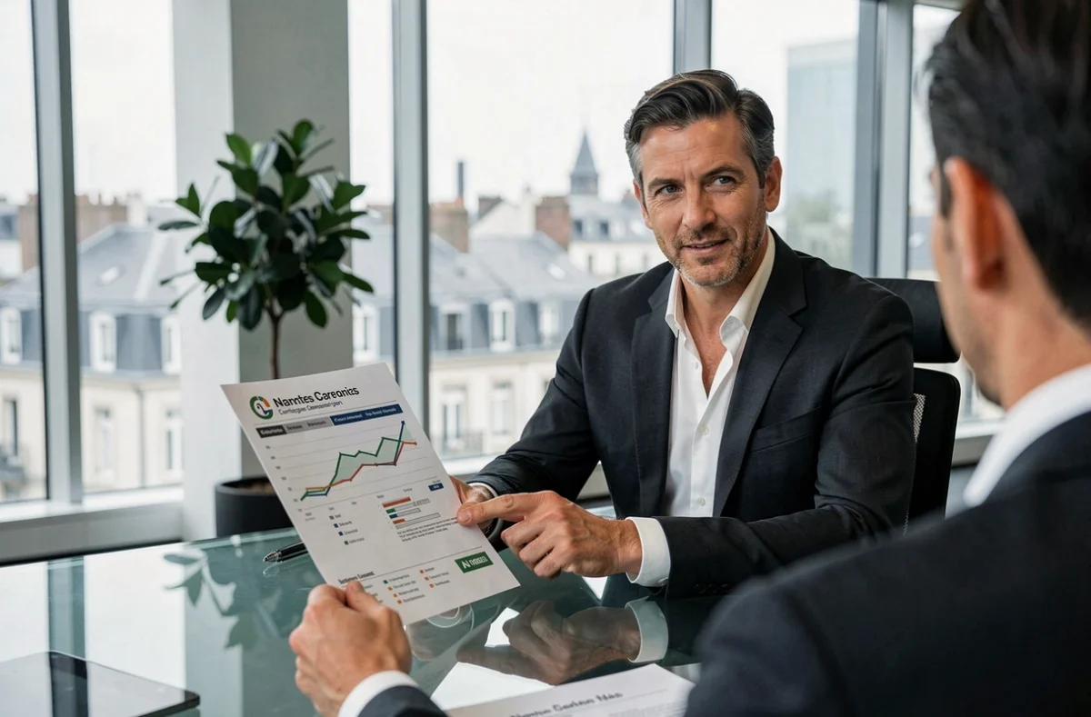 Courtier Empruntaux à Nantes présentant un comparatif de prêts immobiliers à un client dans un bureau moderne