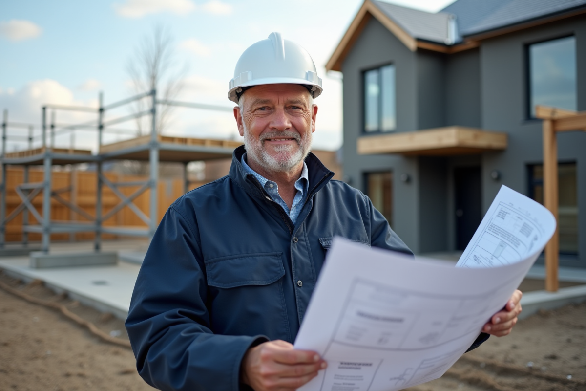 Chef de chantier en veste navy examine des plans sur un site moderne