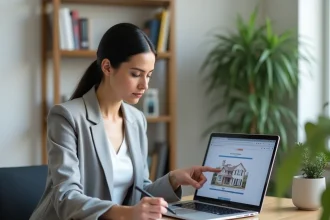 Femme consultant un outil d'estimation immobilière en ligne sur son ordinateur portable dans un bureau à domicile