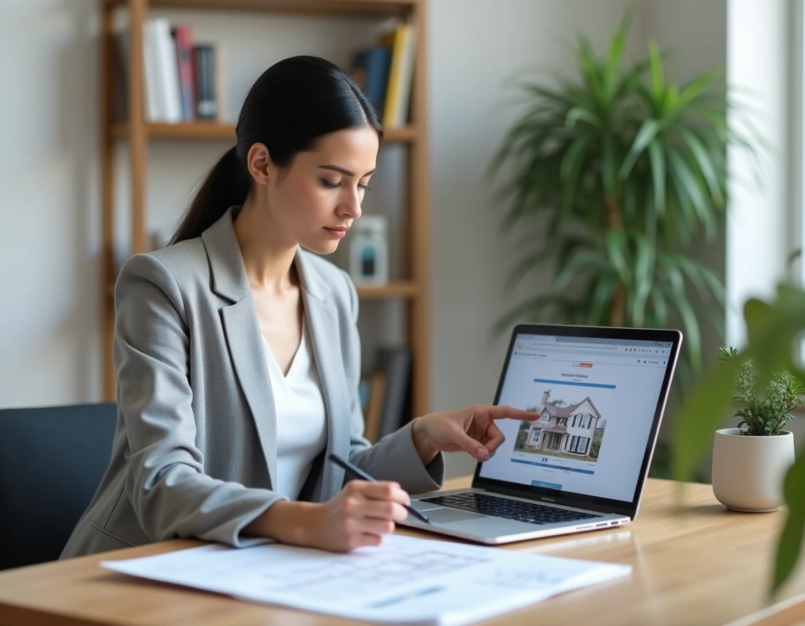 Femme consultant un outil d'estimation immobilière en ligne sur son ordinateur portable dans un bureau à domicile