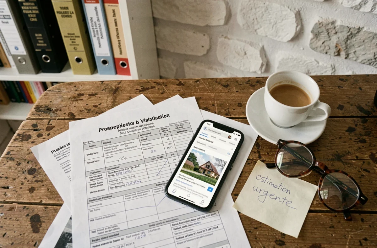Bureau avec documents d'estimation immobilière urgente, smartphone et notes manuscrites pour une vente de maison en Lozère suite à un divorce