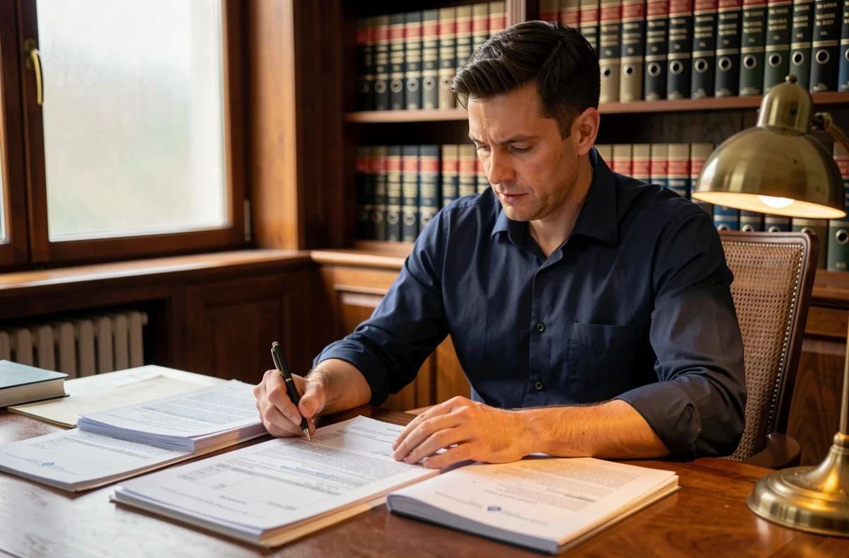 Homme consultant des actes de propriété et documents cadastraux dans une étude notariale pour retrouver le propriétaire d'un bien immobilier