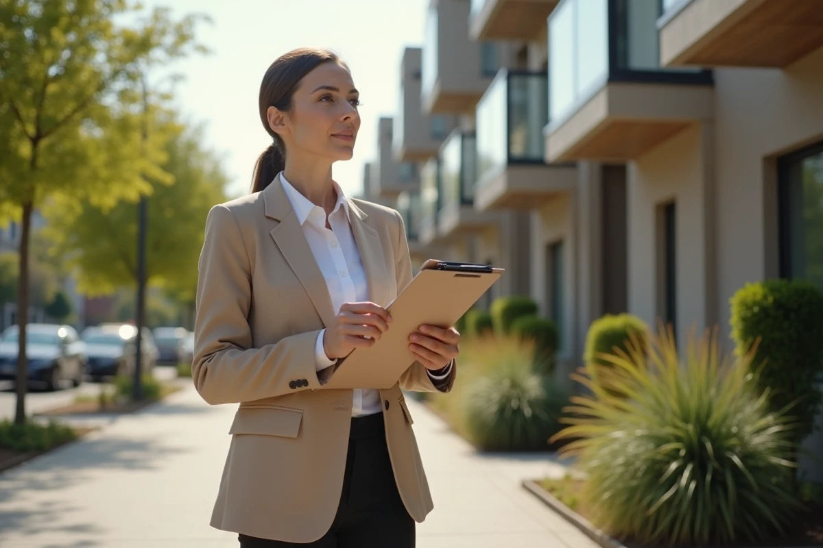 Experte immobilière Orpi Invest Immo évaluant un immeuble résidentiel dans une rue urbaine moderne