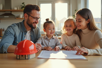 Famille moderne vérifiant un document d'assurance habitation à la maison