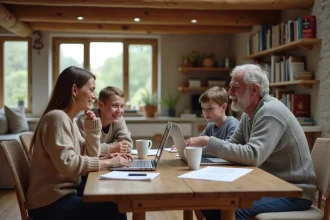 Famille dans une maison rurale avec table et laptops