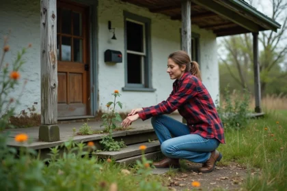 Femme examinant la maison abandonnée en extérieur