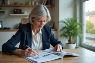 Femme d'âge moyen examine des catalogues immobiliers à la maison