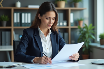 Femme d affaires en bureau pour un article sur le prêt