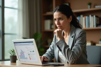 Femme analysant des données immobilières sur ordinateur portable dans un bureau à domicile, expression sceptique face aux estimations en ligne