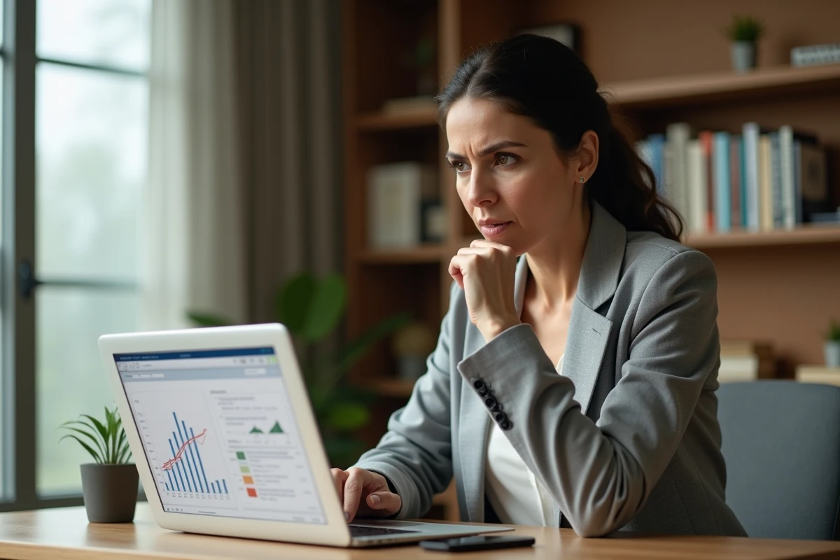 Femme analysant des données immobilières sur ordinateur portable dans un bureau à domicile, expression sceptique face aux estimations en ligne