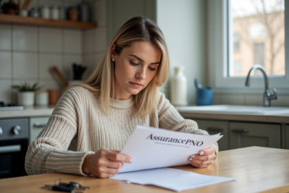 Femme de 40 ans examine un document assurance PNO avec clés