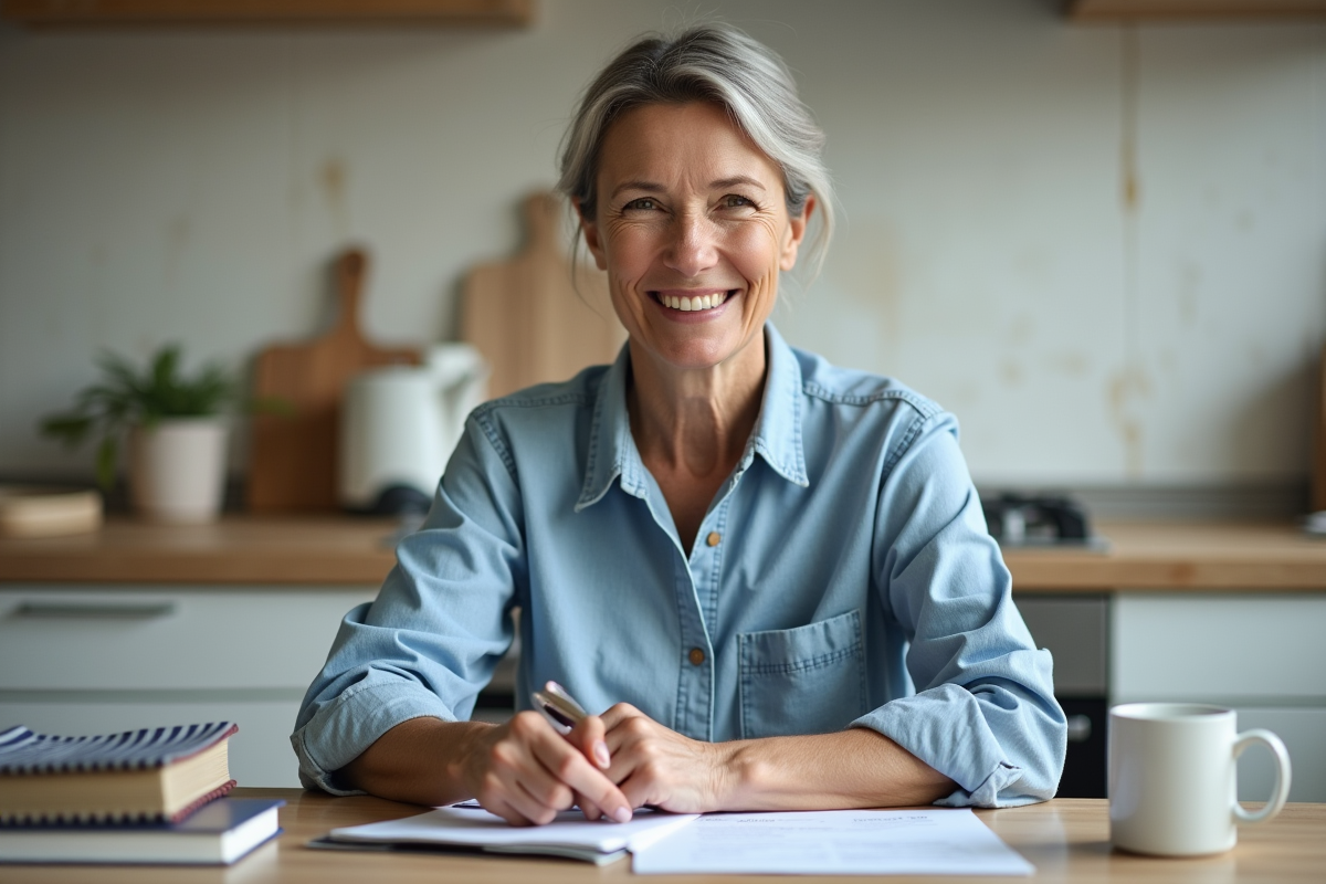 Femme d'âge moyen avec documents d'assurance dans la cuisine